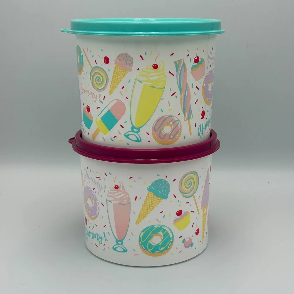 Tupperware Sweet Treats 2 Piece Set Stacking Lids Canisters Ice Cream Candy Teal